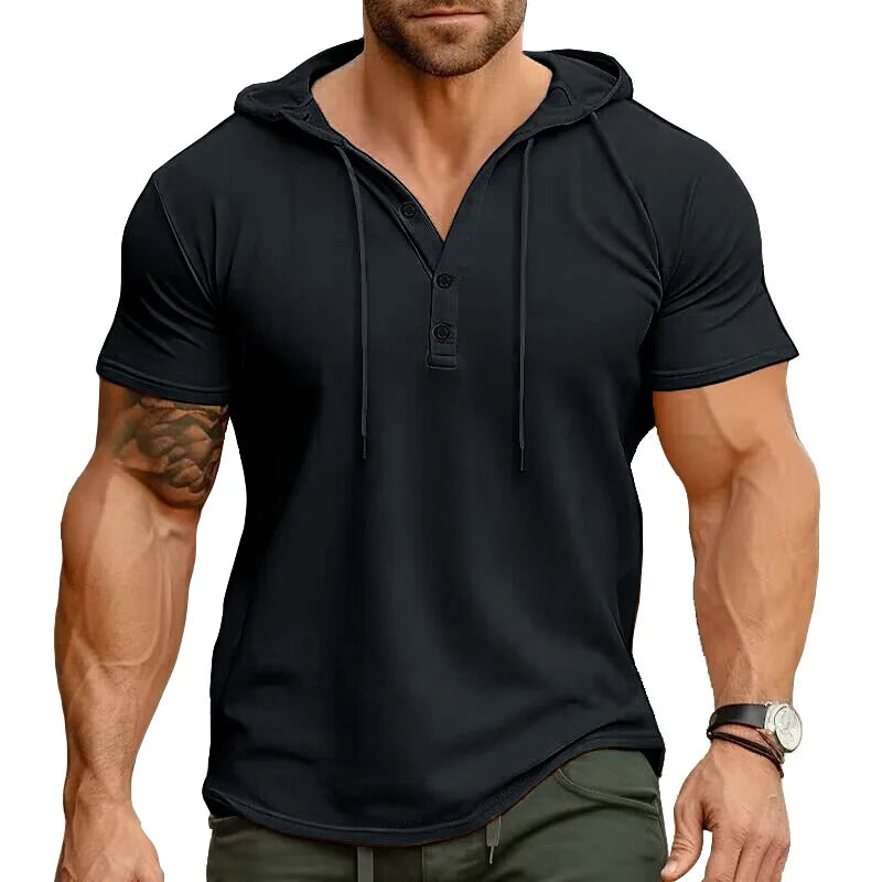 Ryan™ | Einfarbiges Slim Fit Stretch Kurzarm-Henley-Shirt mit Kapuze