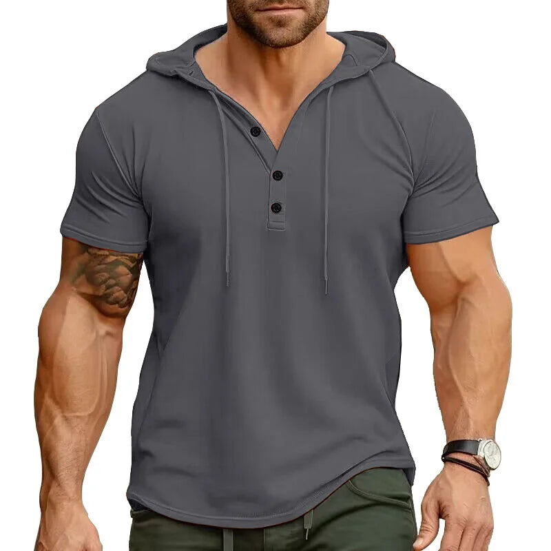 Ryan™ | Einfarbiges Slim Fit Stretch Kurzarm-Henley-Shirt mit Kapuze