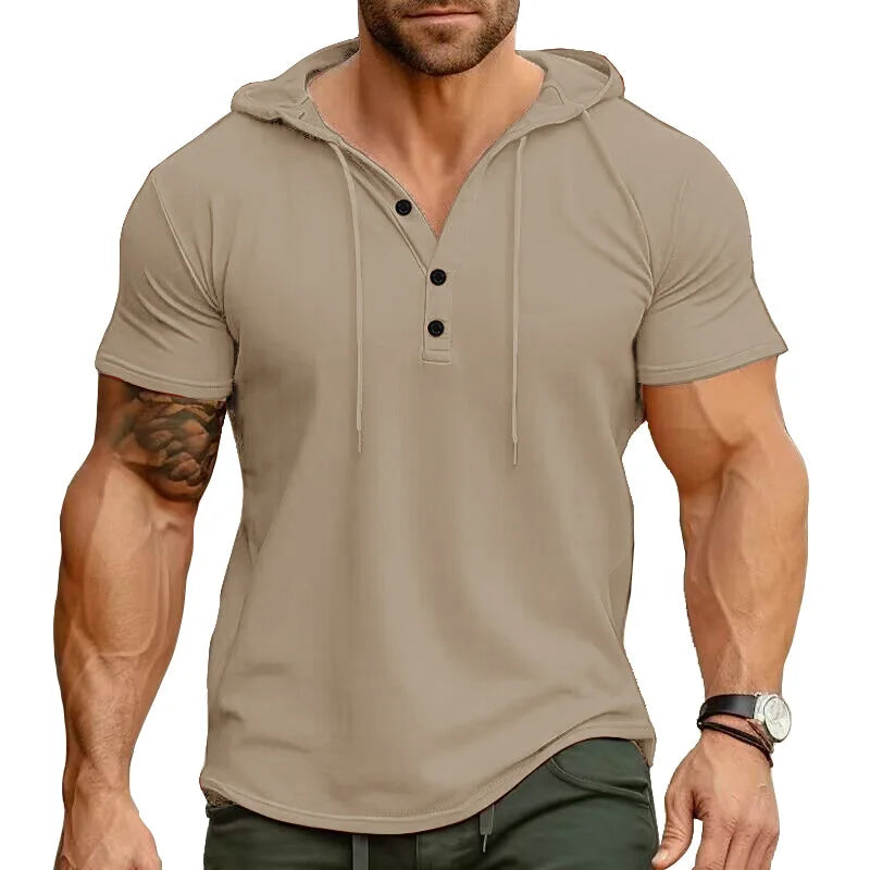 Ryan™ | Einfarbiges Slim Fit Stretch Kurzarm-Henley-Shirt mit Kapuze