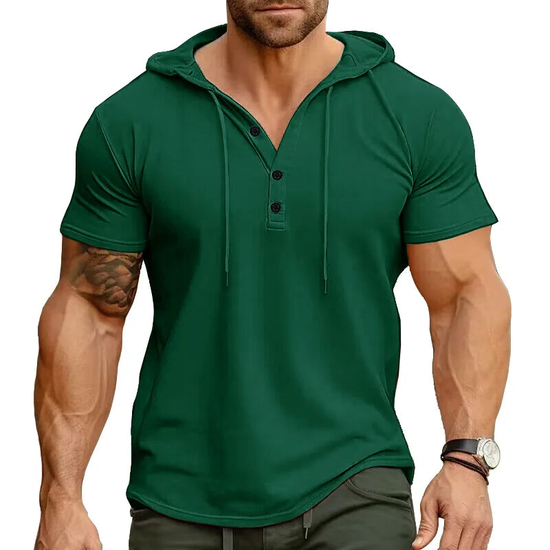 Ryan™ | Einfarbiges Slim Fit Stretch Kurzarm-Henley-Shirt mit Kapuze